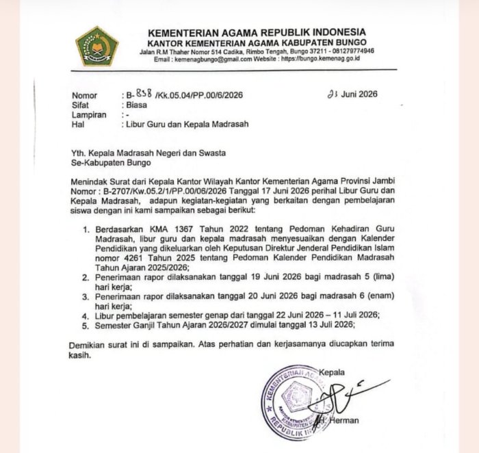 Kemenag Bungo Umumkan Jadwal Libur dan Awal Semester Baru Kemenag Bungo Umumkan Jadwal Libur dan Awal Semester Baru