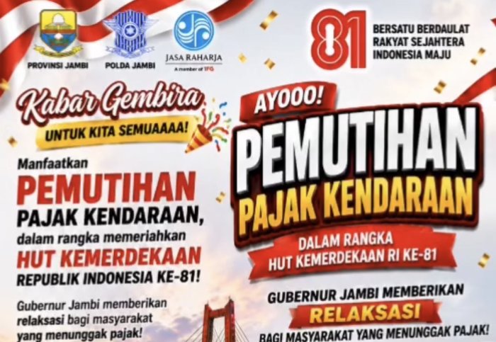Jambi Berlakukan Pemutihan Pajak Kendaraan Mulai Agustus 2026 Jambi Berlakukan Pemutihan Pajak Kendaraan Mulai Agustus 2026