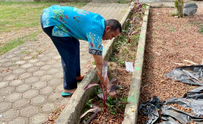 Pegawai Tata Usaha Rawat Tanaman Bunga Kering di Kantor Pegawai Tata Usaha Rawat Tanaman Bunga Kering di Kantor