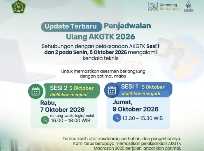 PEMBERITAHUAN PENTING: Penjadwalan Ulang AKGTK 2026 Madrasah PEMBERITAHUAN PENTING: Penjadwalan Ulang AKGTK 2026 Madrasah