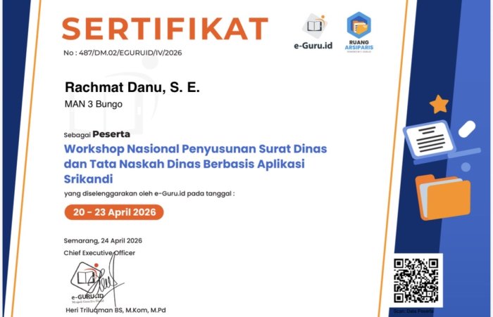 Kaur TU MAN 3 Bungo sebagai peserta workshop Digitalisasi Tata Naskah Dinas Fokus pada Regulasi Baru 2026 Kaur TU MAN 3 Bungo sebagai peserta workshop Digitalisasi Tata Naskah Dinas Fokus pada Regulasi Baru 2026