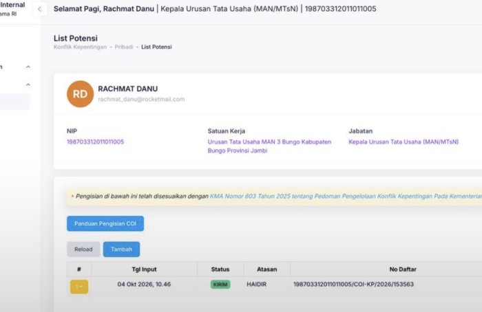 Kaur TU MAN 3 Bungo selesai isi Modul Konflik Pengelolaan Kepentingan (Conflict of Interest/COI) pada aplikasi SIAPI. Kaur TU MAN 3 Bungo selesai isi Modul Konflik Pengelolaan Kepentingan (Conflict of Interest/COI) pada aplikasi SIAPI.