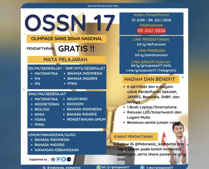 Pendaftaran Olimpiade Sains Siswa Nasional ke-17 Resmi Dibuka