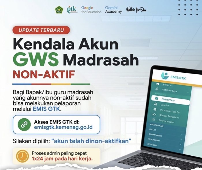 Akun GWS Madrasah Anda Non-Aktif? Begini Cara Mudah Melaporkannya via EMIS GTK! Akun GWS Madrasah Anda Non-Aktif? Begini Cara Mudah Melaporkannya via EMIS GTK!