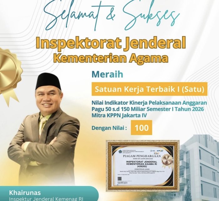 Raih Nilai Sempurna 100, Itjen Kemenag Dinobatkan Sebagai Satker Terbaik I oleh KPPN Jakarta IV Raih Nilai Sempurna 100, Itjen Kemenag Dinobatkan Sebagai Satker Terbaik I oleh KPPN Jakarta IV